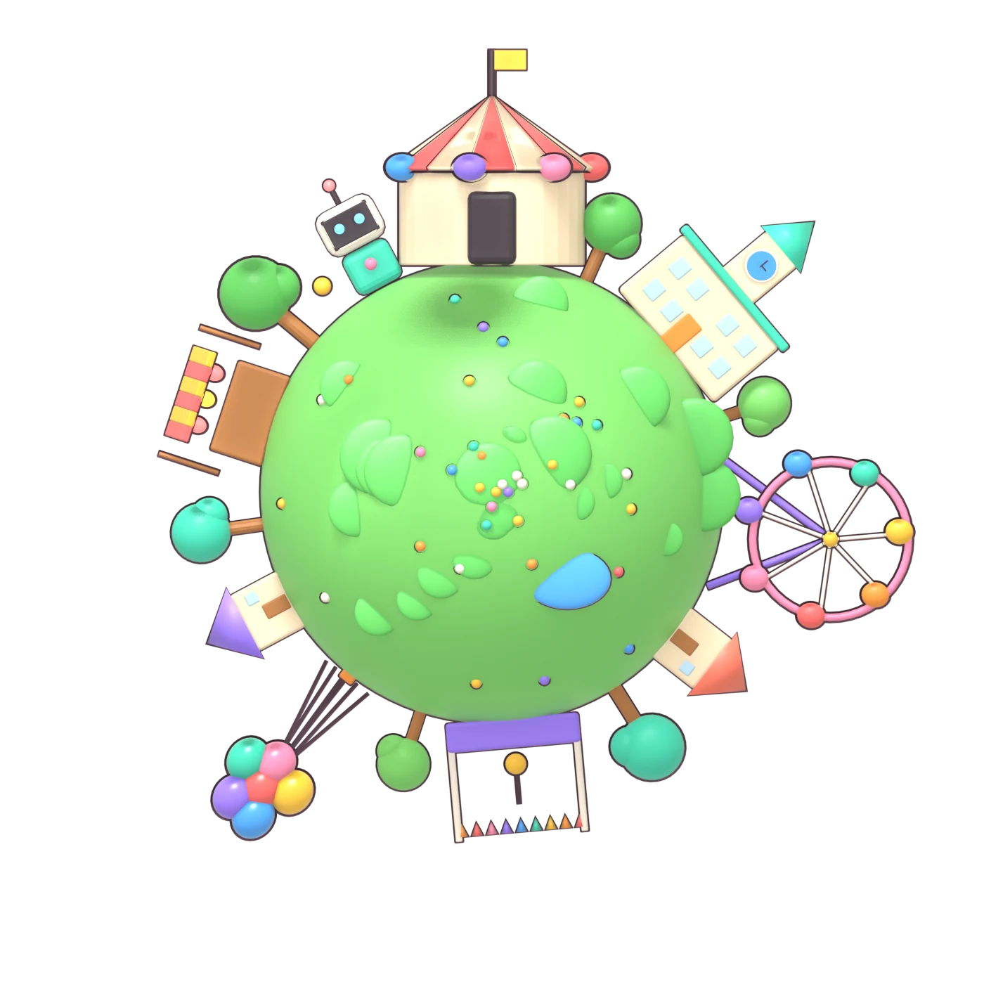 テントや学校、観覧車がならぶ小さな惑星のイラスト